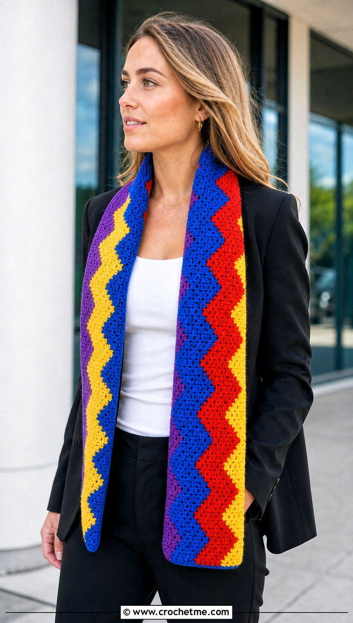 Chevron Rainbow Crochet Crayon Scarf With Black Blazer - 15 Crochet Crayon Scarf outfit ideas