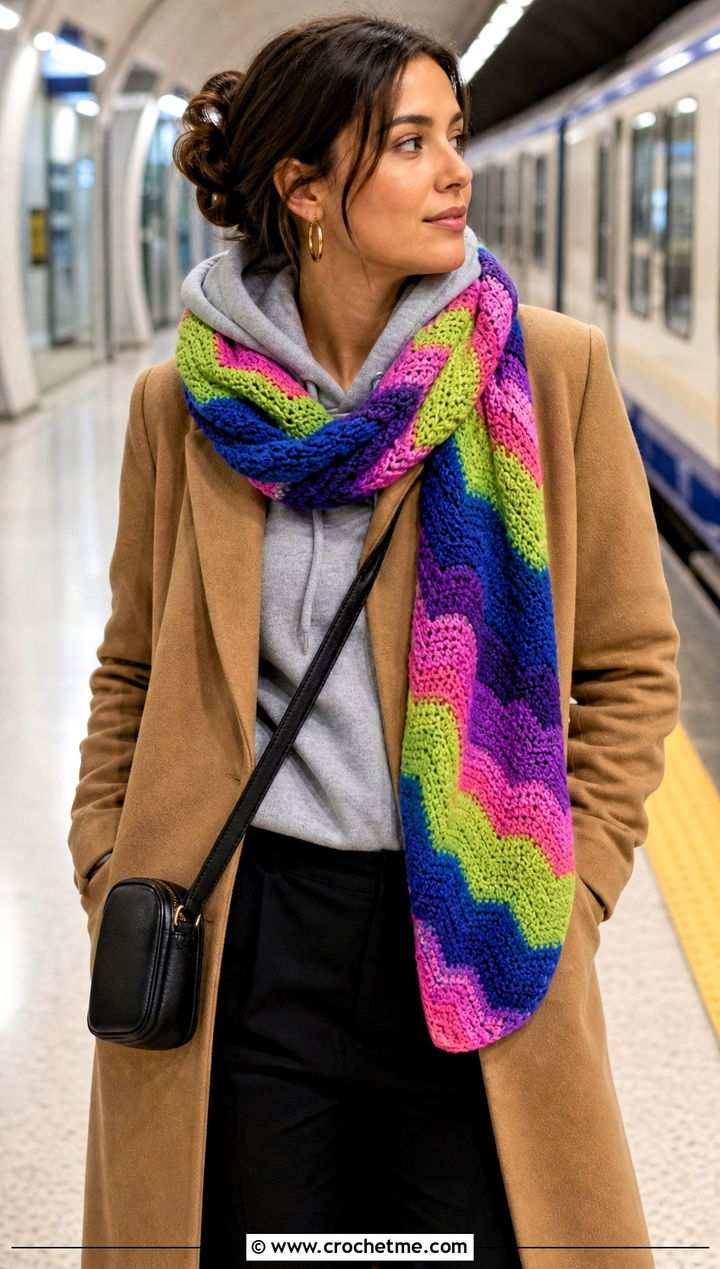 Chevron Rainbow Scarf With Hoodie And Tailored Coat - 15 Crochet Rainbow Scarf outfit ideas