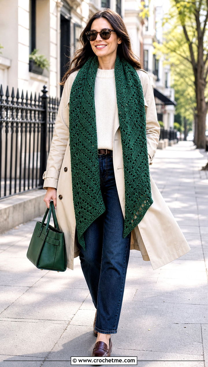 Chevron Rectangle Crochet Wrap With Trench Coat - 20 Rectangle Crochet Wrap outfit ideas