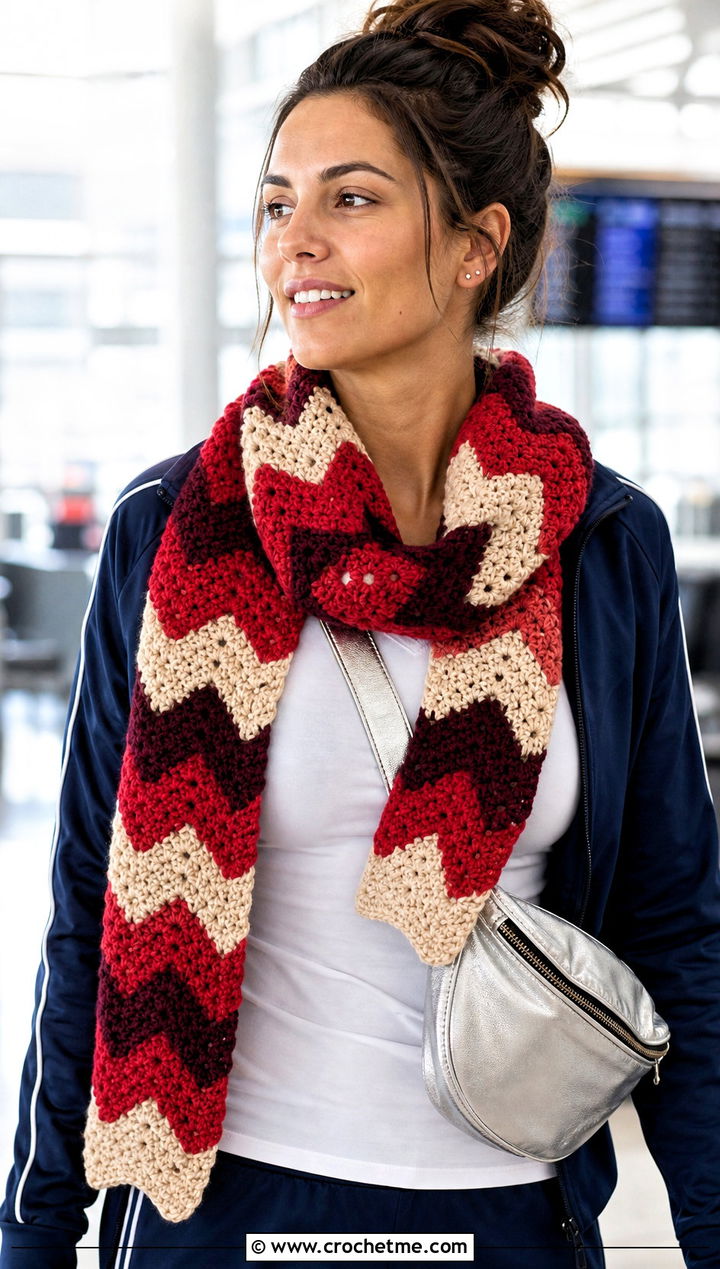 Chevron Red Crochet Scarf With Track Jacket And Joggers - 25 taylor swift red crochet scarf outfit ideas