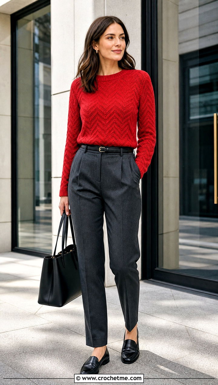 Chevron Ripple Stitch Sweater With Tailored Trousers - 25 Crochet Ripple Stitch Sweater outfit ideas