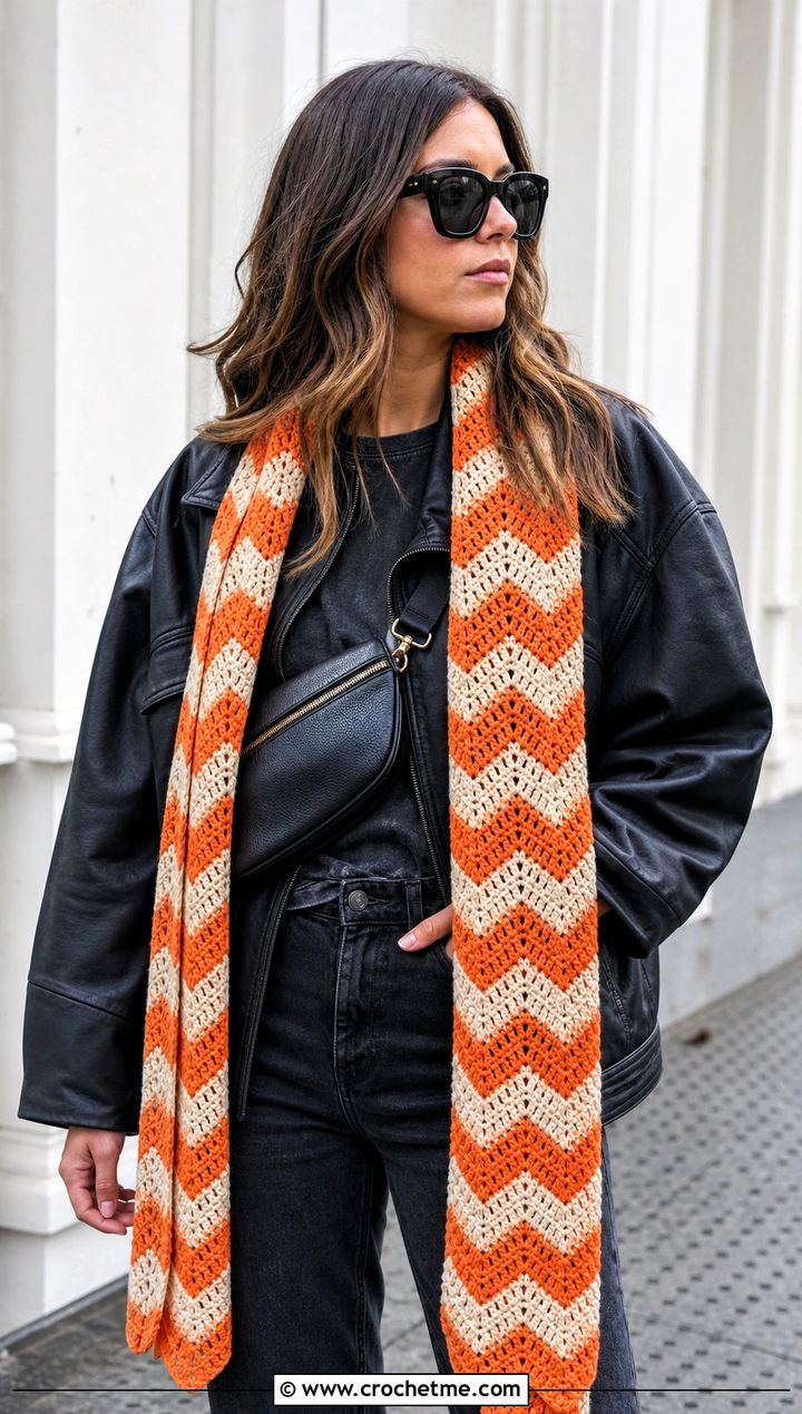 Chevron Ripple Wide Scarf With Leather Jacket And Black Jeans - 20 Crochet Wide Scarf outfit ideas
