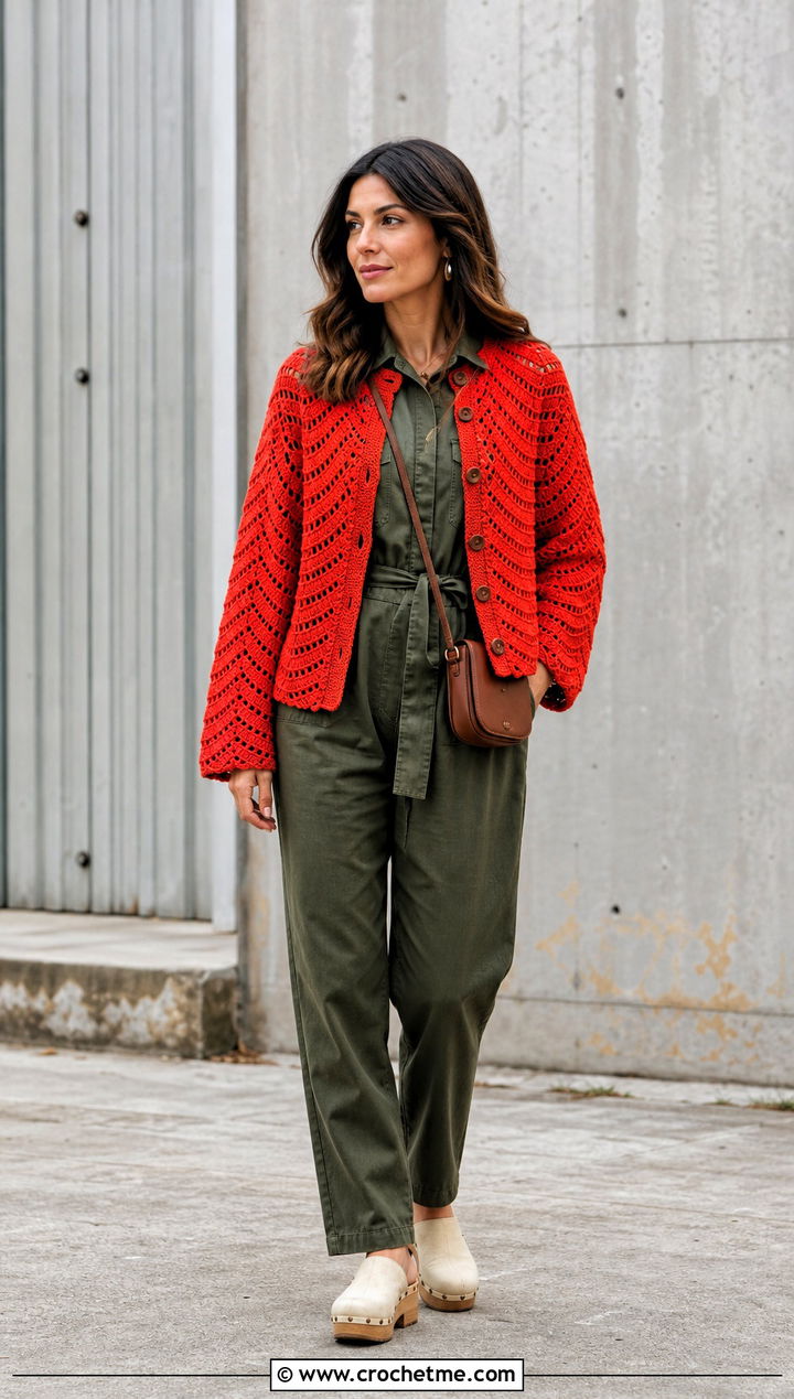 Chevron Round Crochet Cardigan With Utility Jumpsuit - 35 round crochet cardigan outfit ideas
