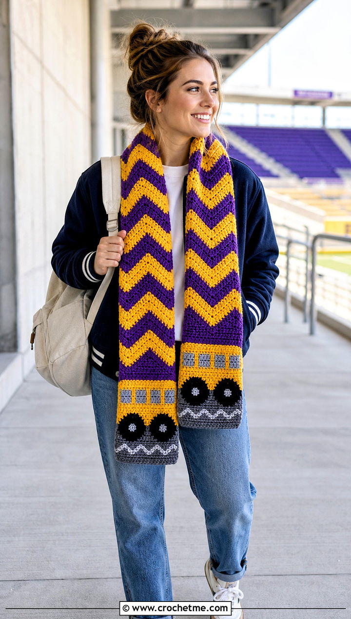 Chevron School Bus Scarf With Varsity Jacket - 25 Crochet School Bus Scarf outfit ideas