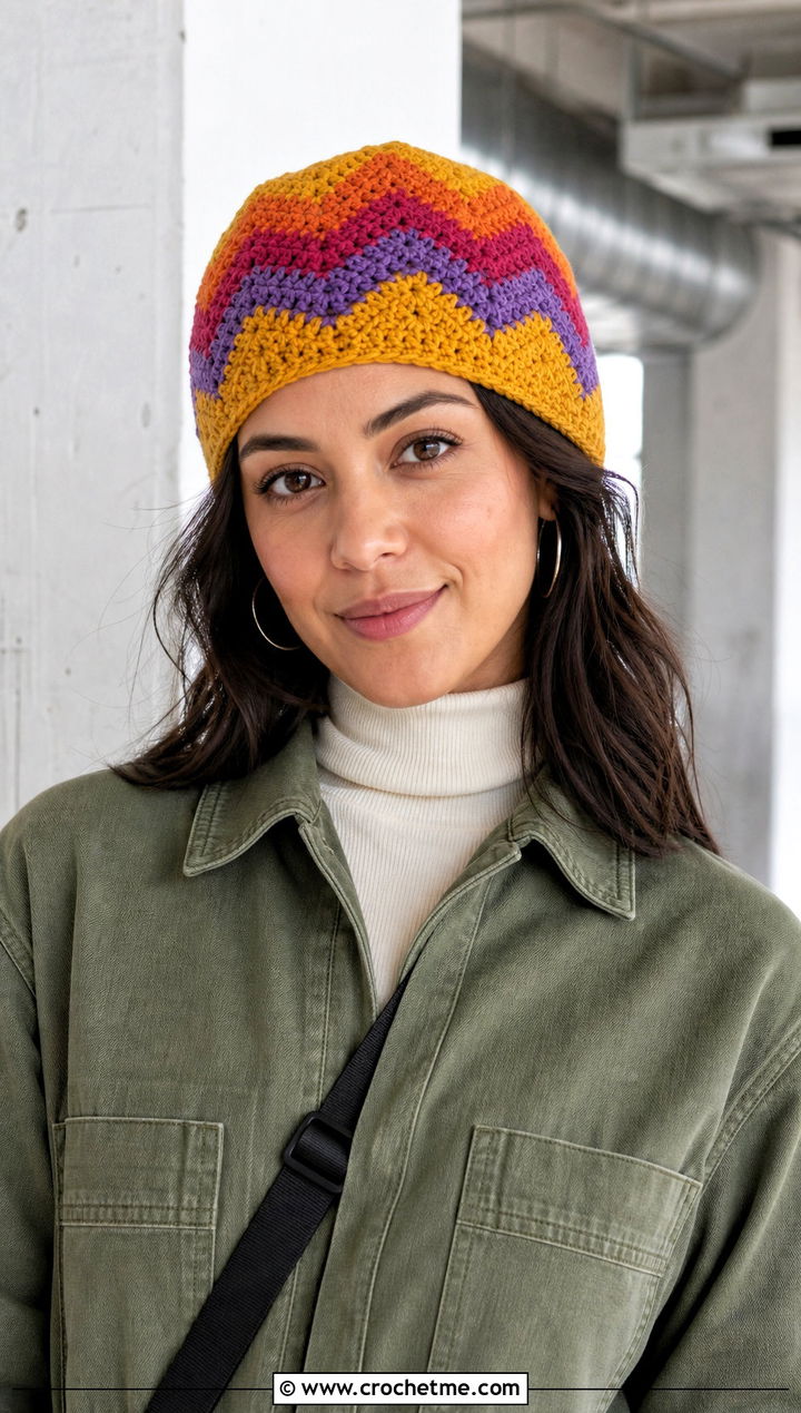 Chevron Scrap Yarn Crochet Beanie With Utility Jumpsuit - 30 scrap yarn crochet beanie outfit ideas