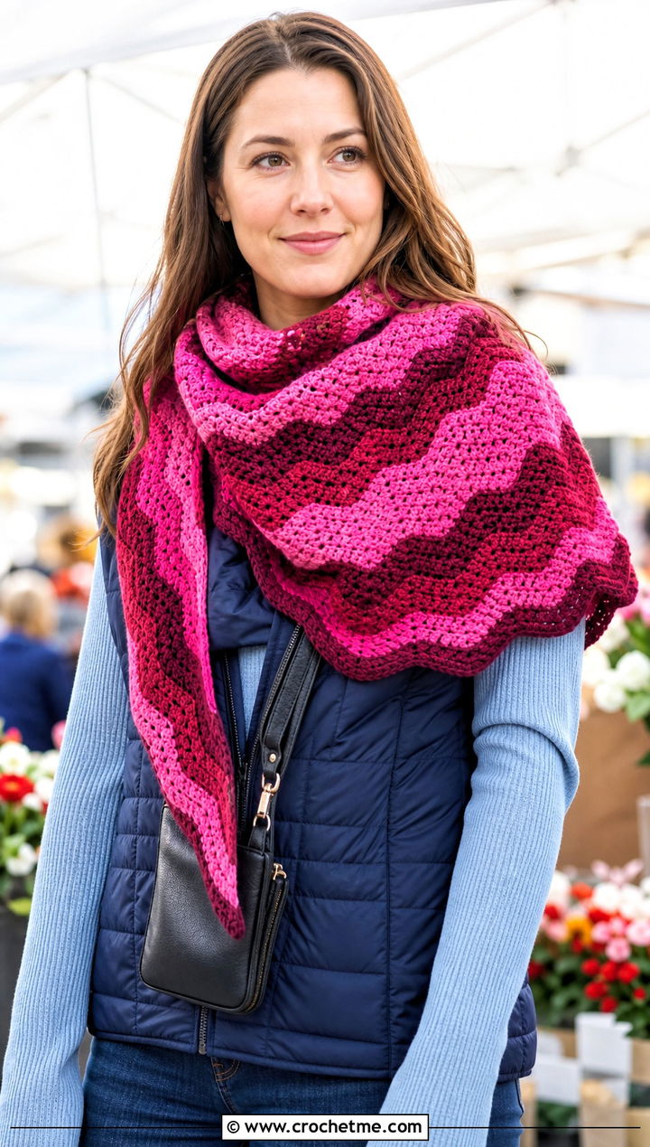 Chevron Shawl With Puffer Vest - 25 Crochet Shawl In A Cake outfit ideas