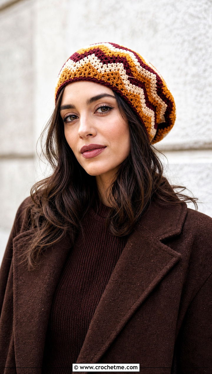 Chevron Slouch Crochet Beanie With Monochrome Outfit - 30 slouch crochet beanie outfit ideas