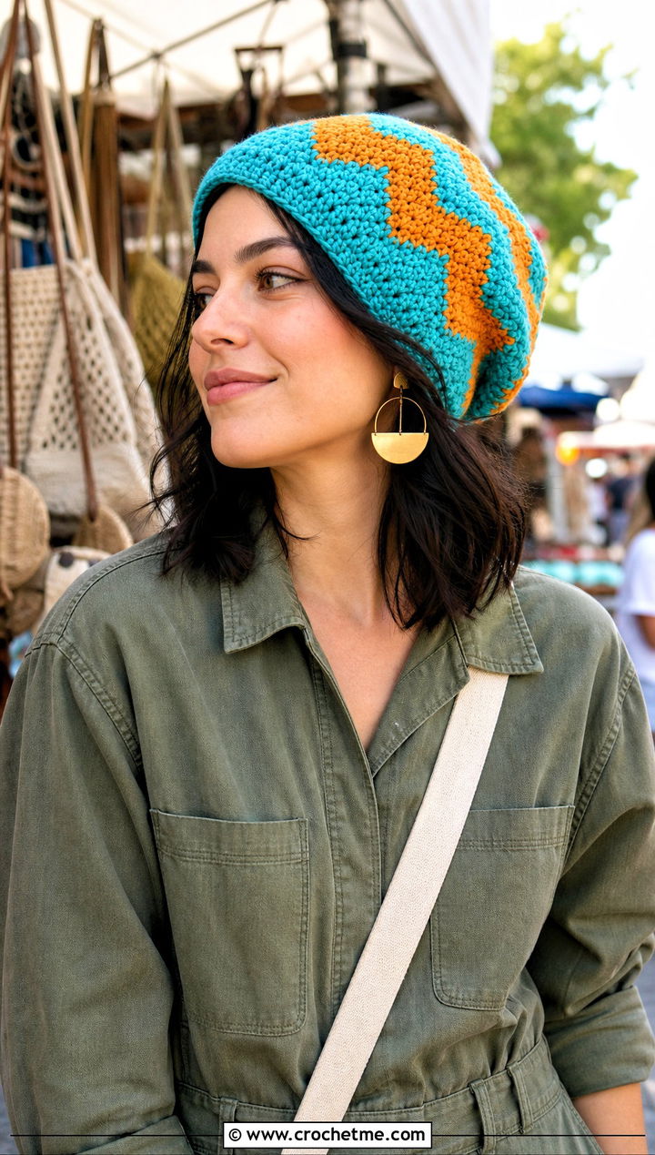 Chevron Slouchy Crochet Hat With Utility Jumpsuit - 15 Slouchy Crochet Hat outfit ideas