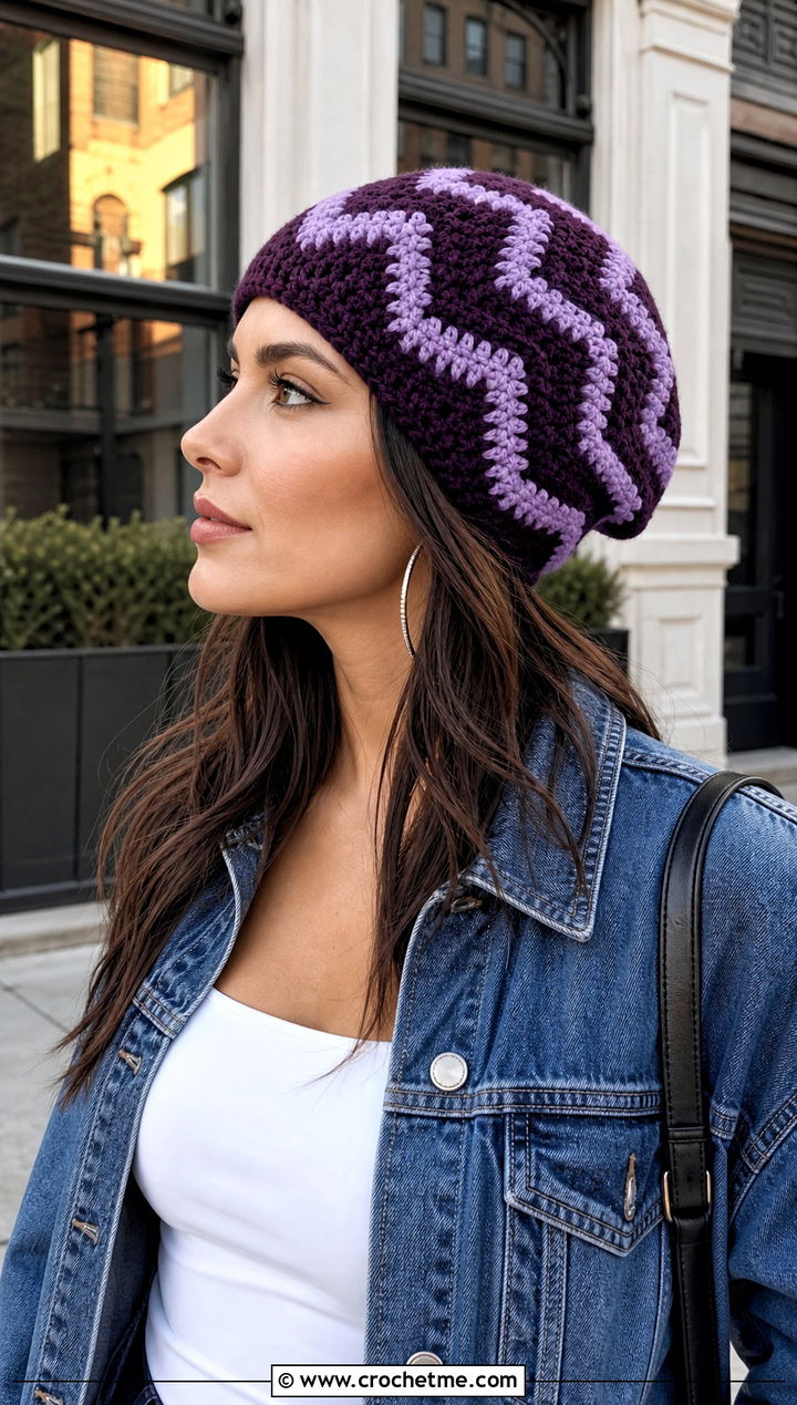 Chevron Slouchy Crochet Hat With Wide Leg Jeans - 20 Summer Slouchy Crochet Hat outfit ideas