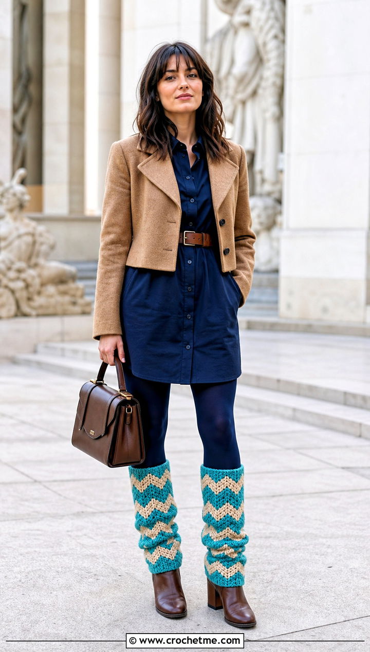 Chevron Slouchy Crochet Leg Warmers With Shirt Dress - 25 Slouchy Crochet Leg Warmers outfit ideas