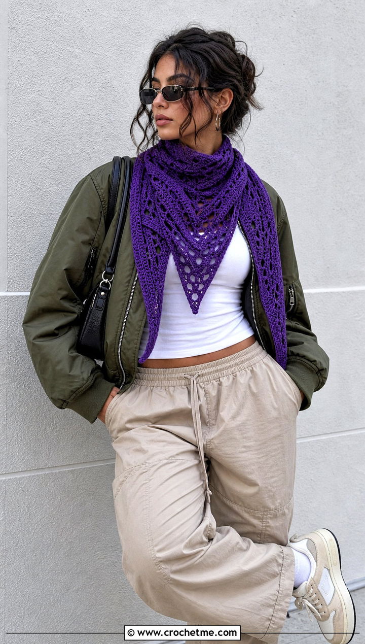 Chevron Star Crochet Shawl With Bomber Jacket - 30 star crochet shawl outfit ideas