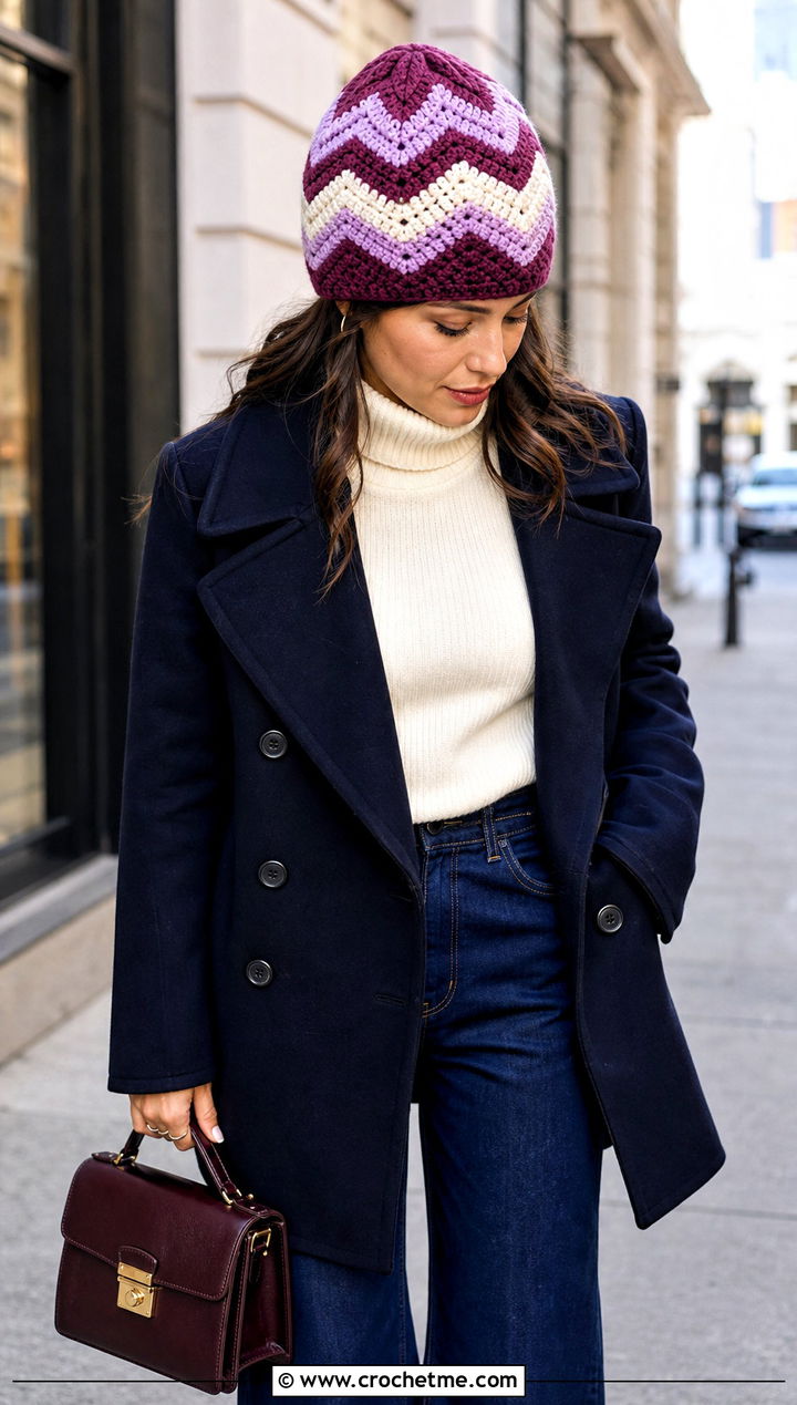 Chevron Stitch Beanie With Peacoat And Flared Jeans - 30 crochet stitch hat outfit ideas