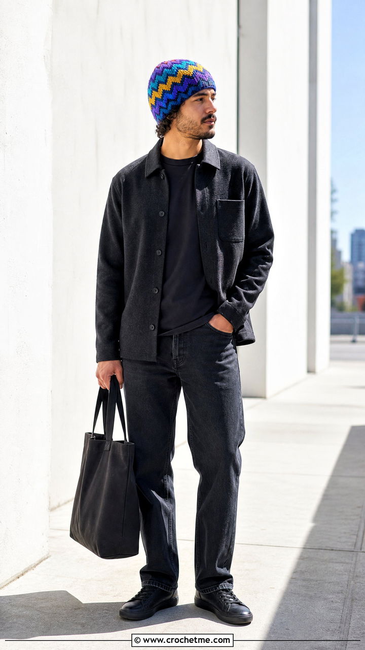 Chevron Stitch Crochet Beanie With Monochrome Overshirt And Jeans - 35 crochet hat men outfit ideas