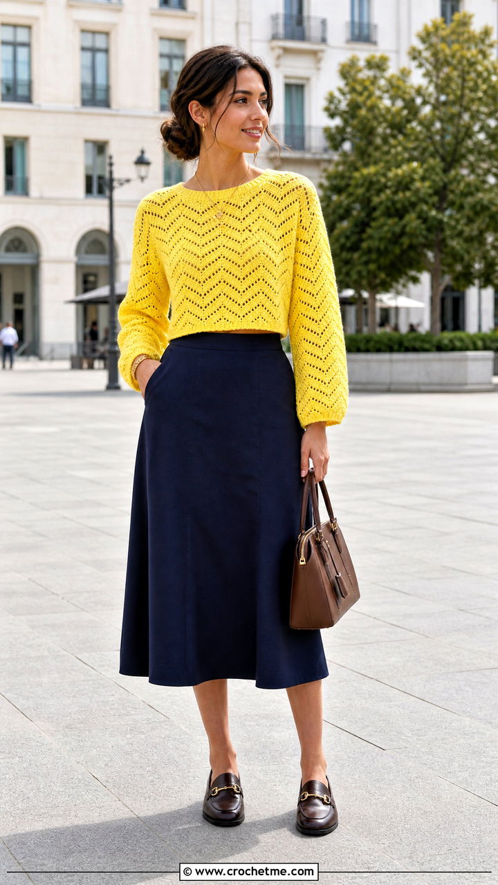 Chevron Stitch Crochet Crop Sweater With an A Line Skirt - 35 crochet crop sweater outfit ideas