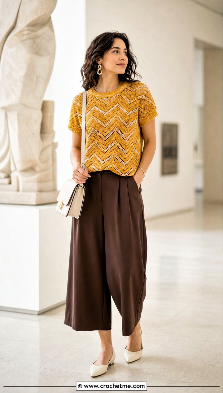 Chevron Stitch Crochet Short Sleeve Sweater With Culottes - 25 Crochet Short Sleeve Sweater outfit ideas