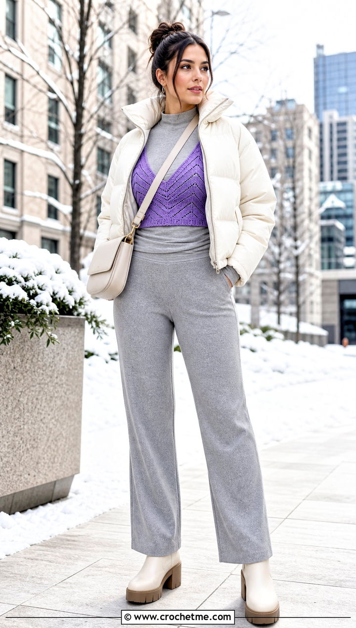 Chevron Stitch Crochet Sports Bra With Knit Pants - 30 crochet sports bra outfit ideas