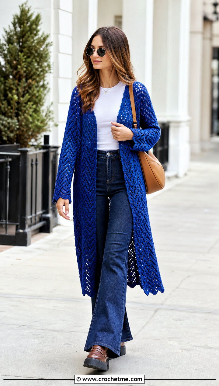 Chevron Stitch One Piece Crochet Cardigan With Flare Jeans - 35 one piece crochet cardigan outfit ideas