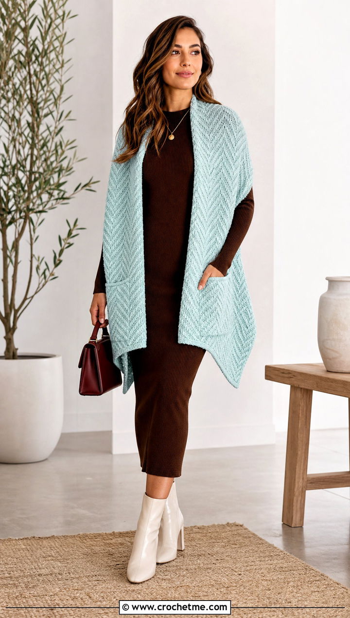 Chevron Stitch Pocket Shawl With A Knit Dress - 15 Tunisian Crochet Pocket Shawl outfit ideas
