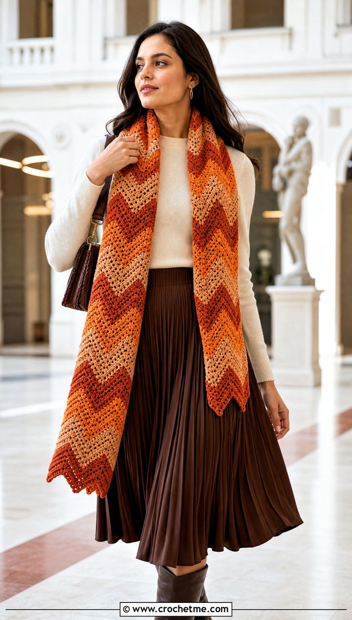 Chevron Stitch Sampler Scarf With Pleated Midi Skirt - 20 Crochet Stitch Sampler Scarf outfit ideas