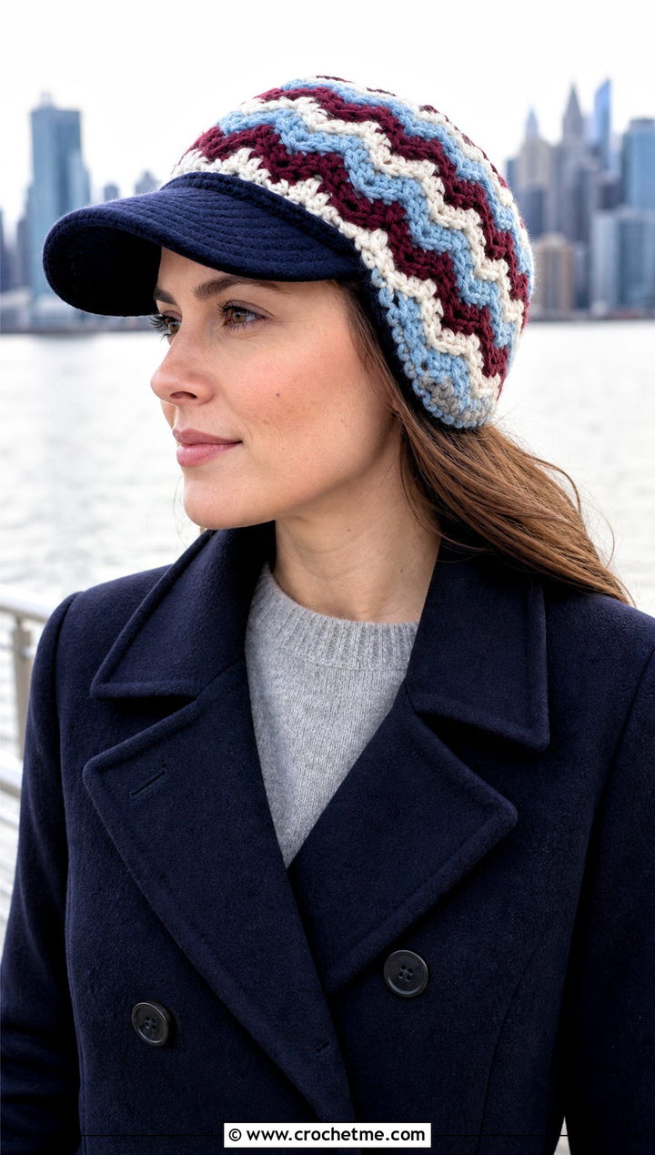Chevron Stripe Baseball Cap Ear Warmer With Peacoat - 20 crochet baseball cap ear warmer outfit ideas