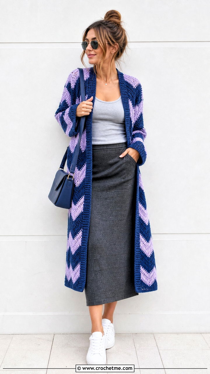 Chevron Stripe Crochet Boho Cardigan With Knit Midi Skirt - 35 crochet boho cardigan outfit ideas