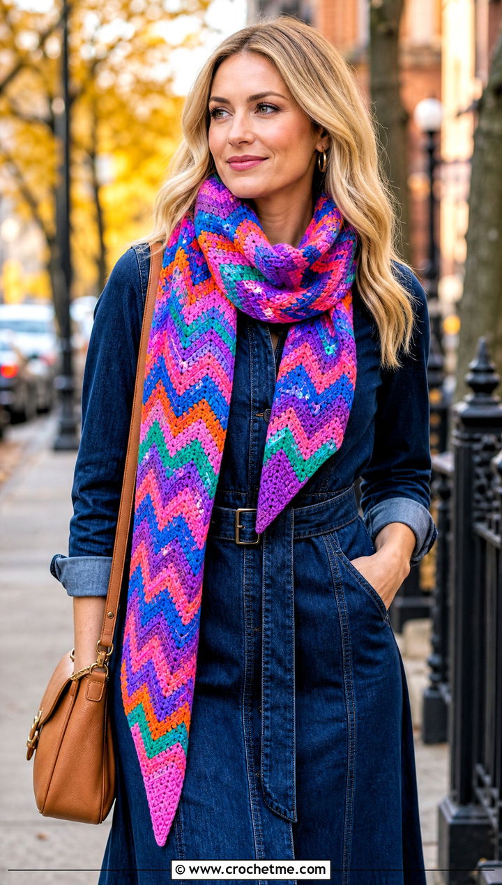 Chevron Stripe Crochet Scarf With Denim Dress - 25 multi colored crochet scarf outfit ideas