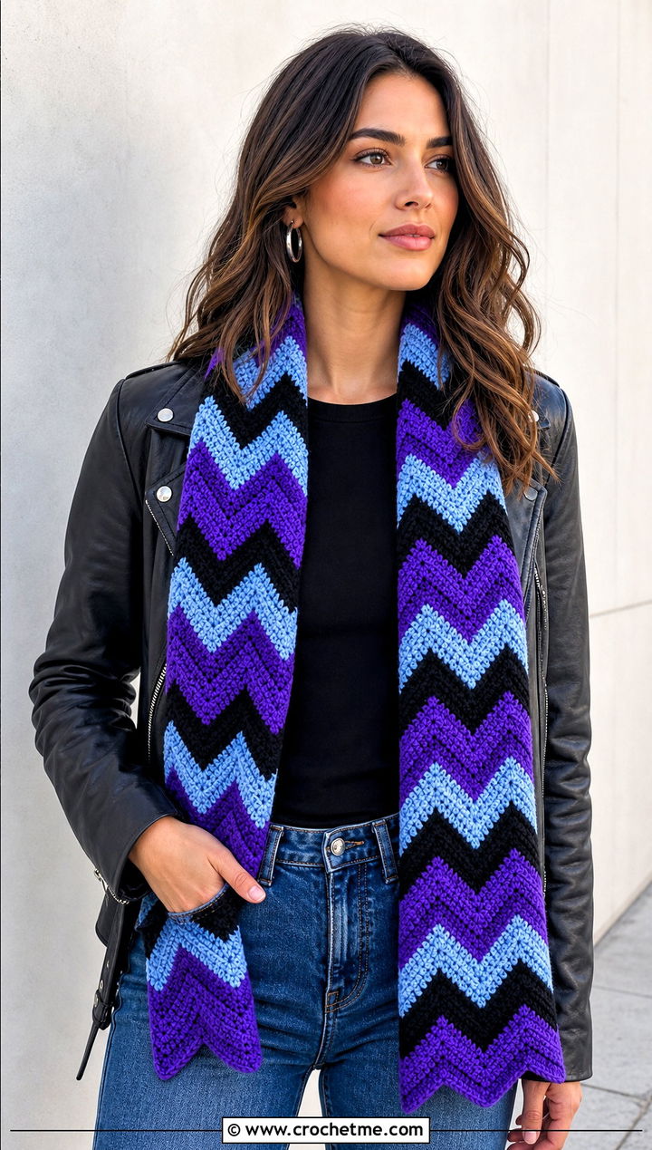 Chevron Stripe Crochet Scarf With Leather Jacket - 30 Stripe Crochet Scarf outfit ideas