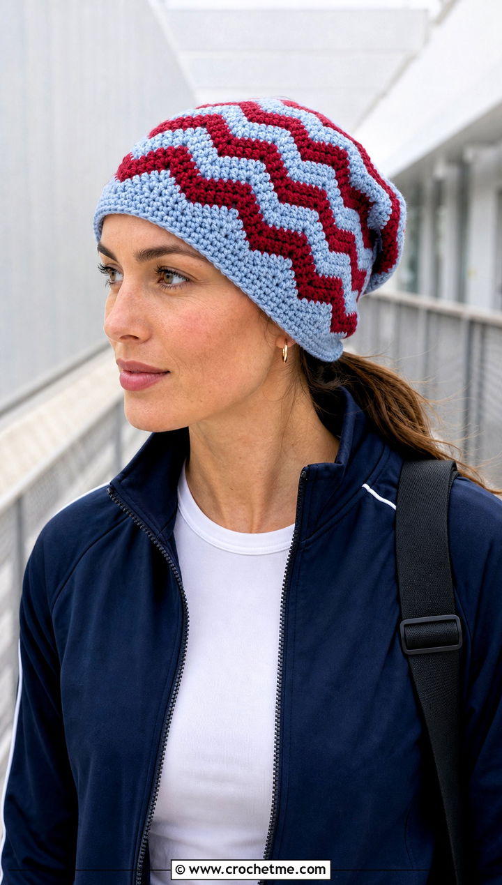 Chevron Stripe Slouchy Crochet Beanie With Track Jacket - 15 Striped Slouchy Crochet Beanie outfit ideas