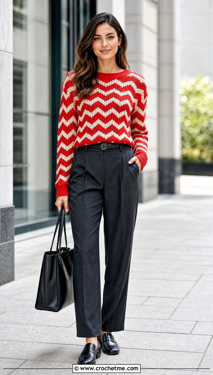 Chevron Stripe Sweater With Tailored Trousers - 30 crochet ripple sweater outfit ideas
