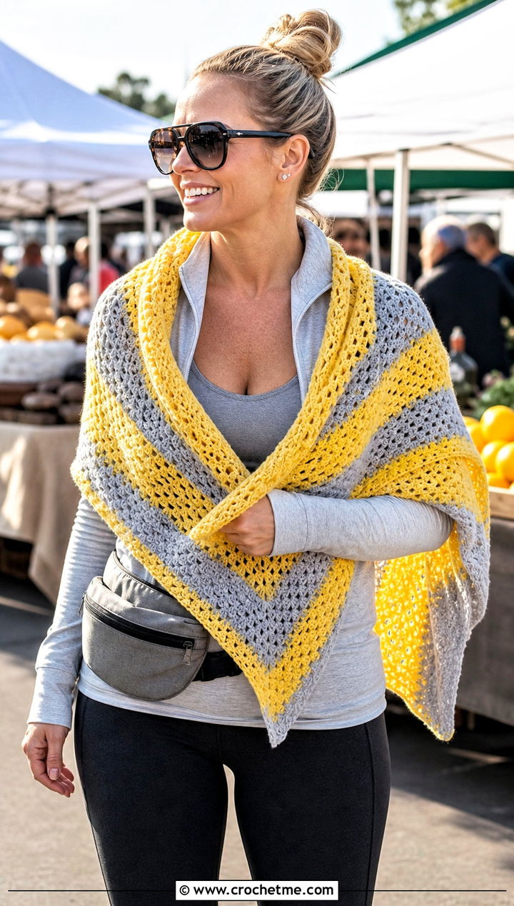 Chevron Stripe V Shaped Crochet Shawl With Athleisure - 15 V Shaped Crochet Shawl outfit ideas
