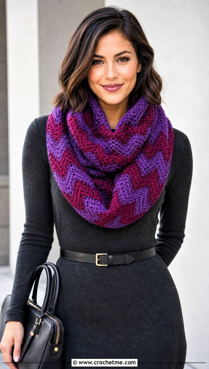 Chevron Striped Crochet Infinity Scarf With Sweater Dress - 15 Striped Crochet Infinity Scarf outfit ideas