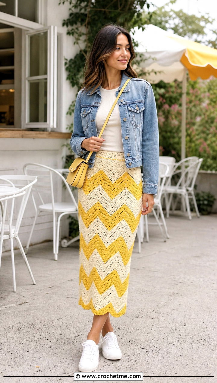Chevron Striped Crochet Midi Skirt With Denim Jacket - 25 striped crochet skirt outfit ideas