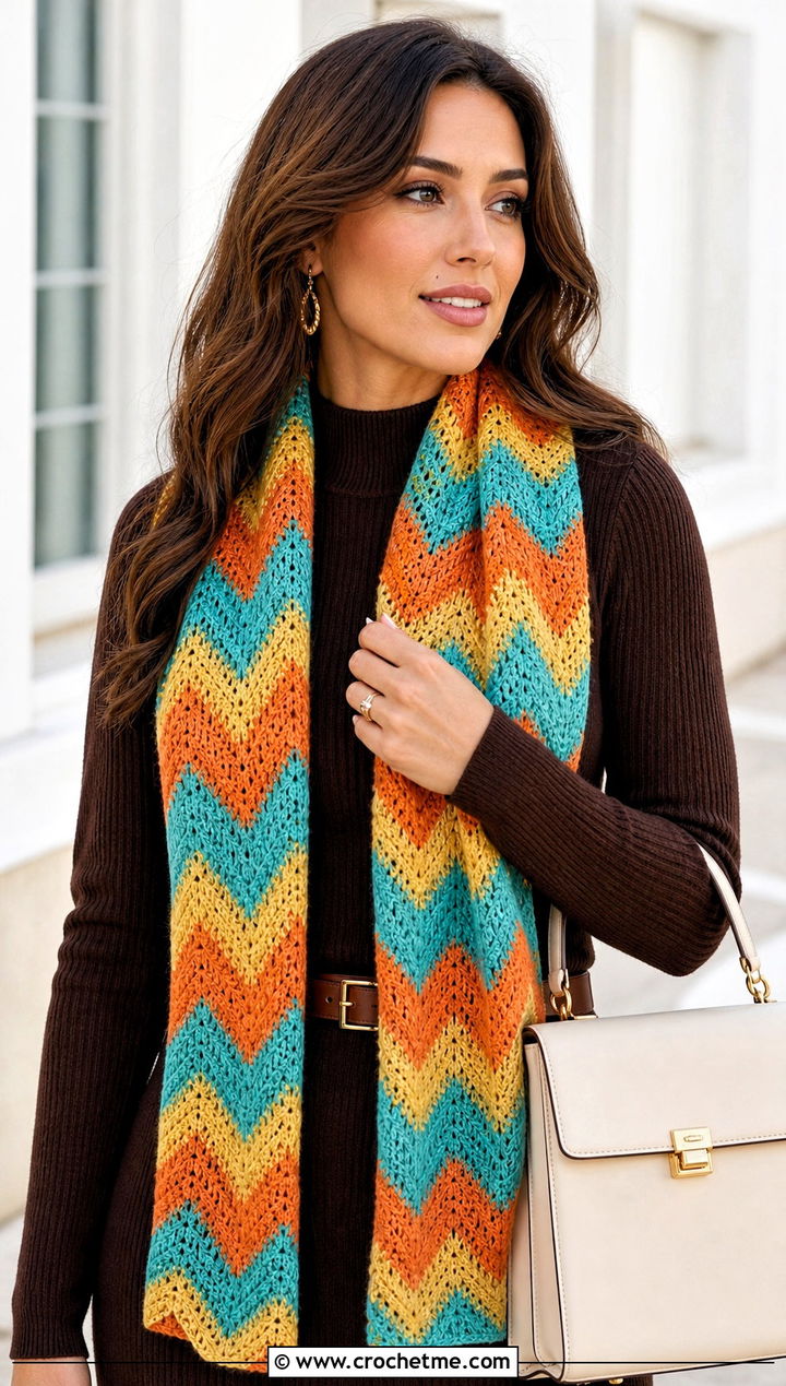 Chevron Striped Crochet Scarf With Sweater Dress - 30 striped crochet scarf outfit ideas