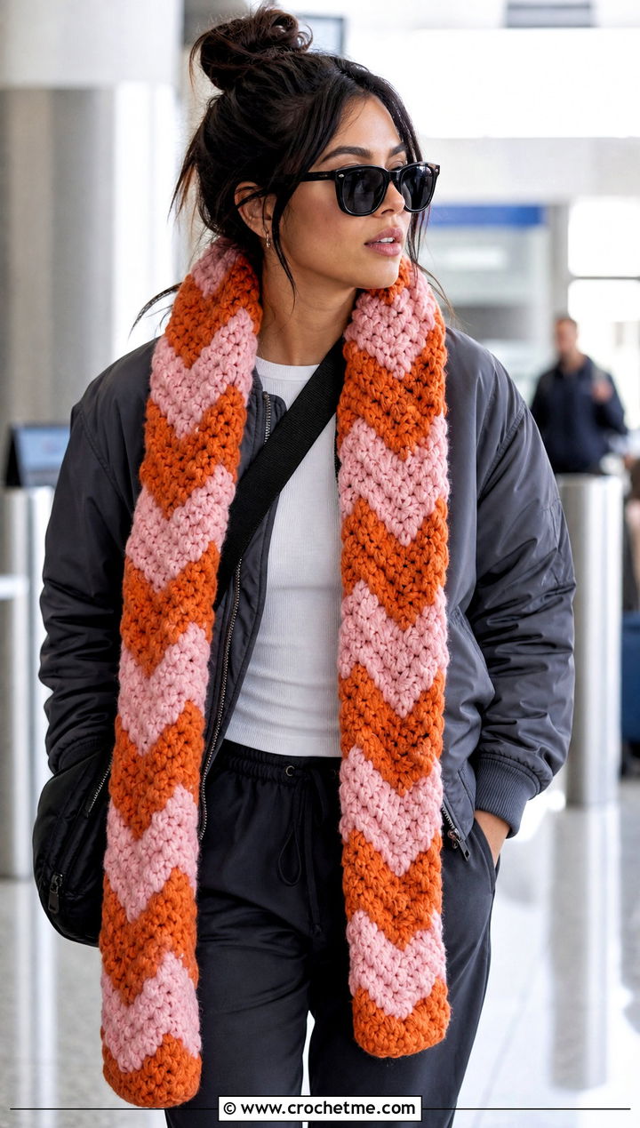 Chevron Super Bulky Crochet Scarf With Track Pants - 15 Super Bulky Crochet Scarf outfit ideas