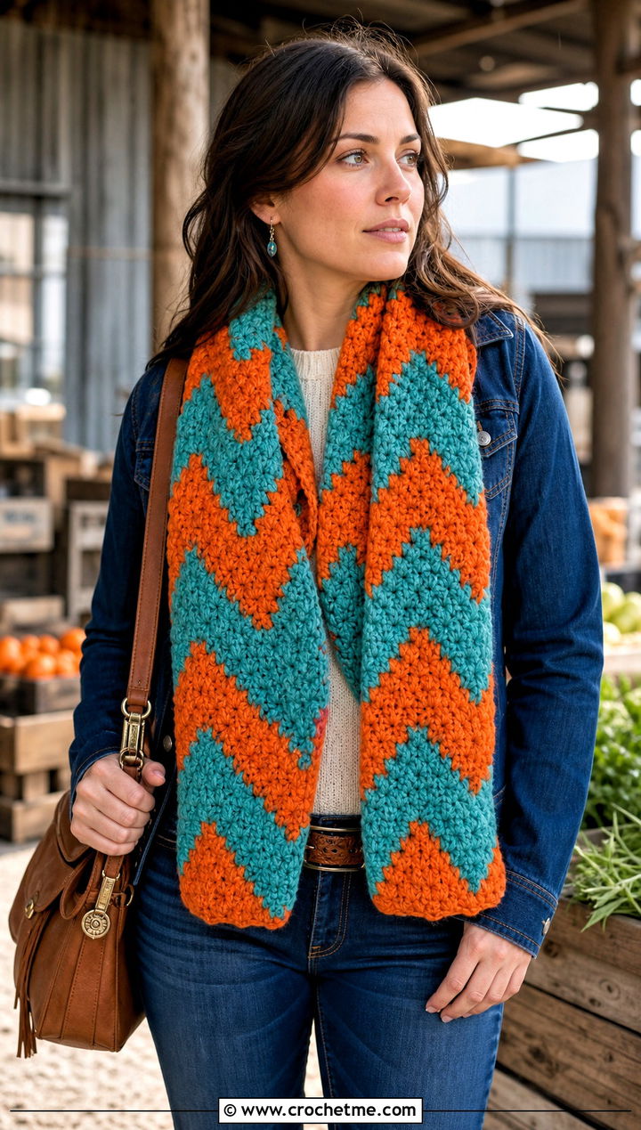 Chevron Super Chunky Crochet Scarf With Western Jacket - 25 Super Chunky Crochet Scarf outfit ideas