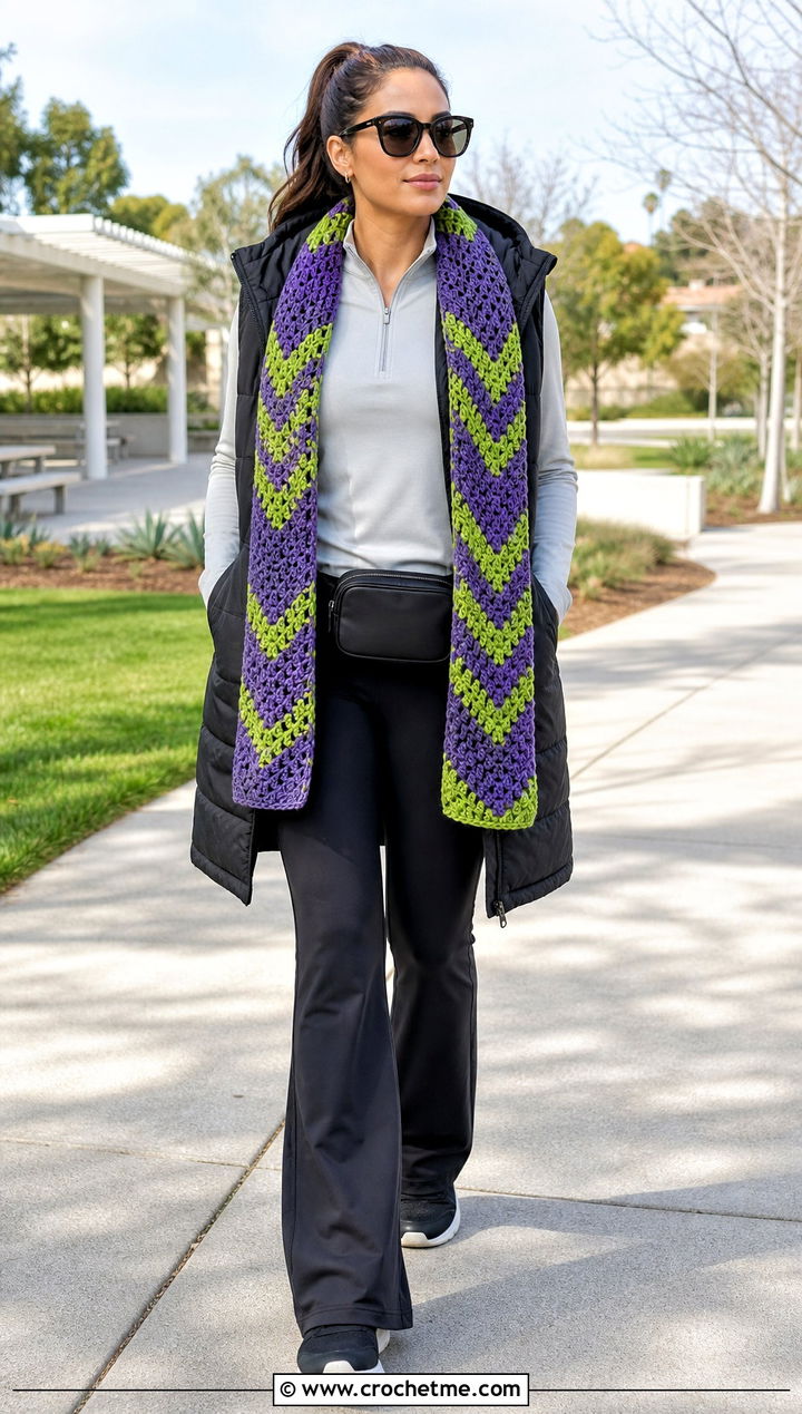 Chevron Tapestry Crochet Scarf With Athleisure Outfit - 35 tapestry crochet scarf outfit ideas