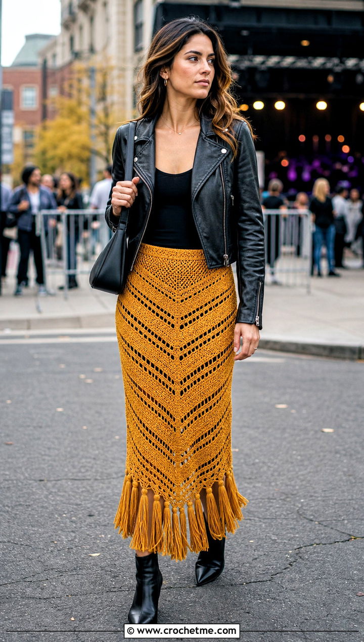 Chevron Tassel Crochet Skirt With Leather Jacket - 30 crochet skirt with tassels outfit ideas