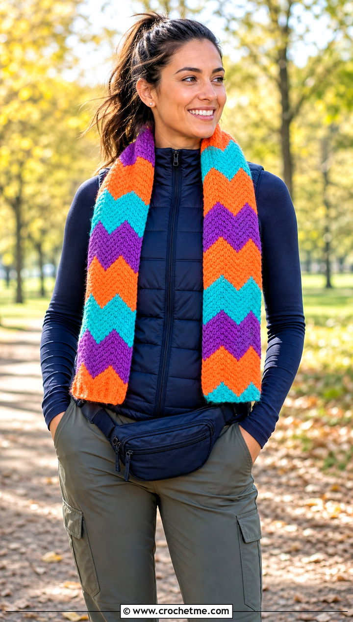 Chevron Temperature Scarf With Puffer Vest - 30 crochet temperature scarf outfit ideas
