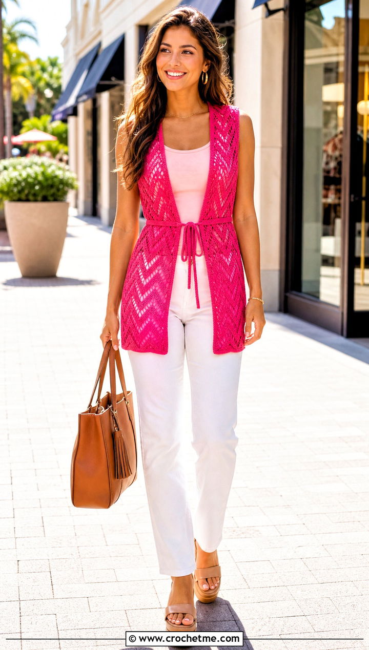 Chevron Tie Waist Crochet Waistcoat With White Jeans - 35 crochet waist coat outfit ideas