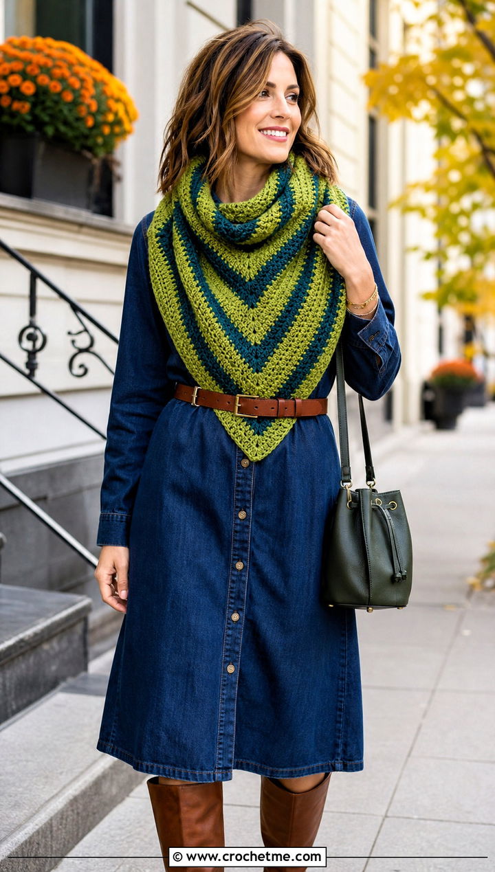 Chevron Triangle Cowl With Denim Dress - 30 crochet triangle cowl outfit ideas