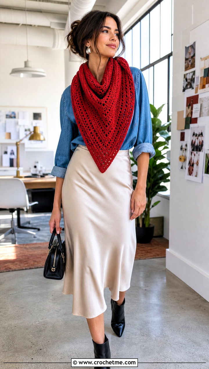 Chevron Triangle Crochet Scarf With Denim Shirt And Satin Skirt - 15 One Skein Triangle Crochet Scarf outfit ideas
