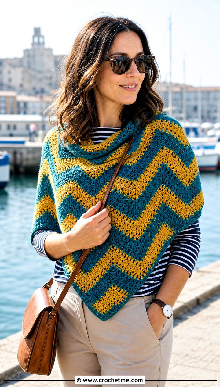 Chevron Triangle Crochet Shawl With Striped Tee And Chinos - 30 easy triangle crochet shawl outfit ideas