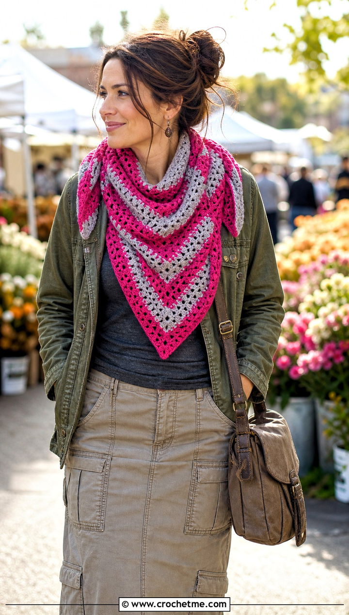 Chevron Triangle Crochet Shawl With Utility Jacket And Cargo Skirt - 35 triangle crochet shawl outfit ideas