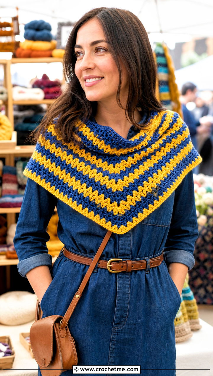 Chevron Triangle Shawl With Denim Dress - 30 easy crochet triangle shawl outfit ideas