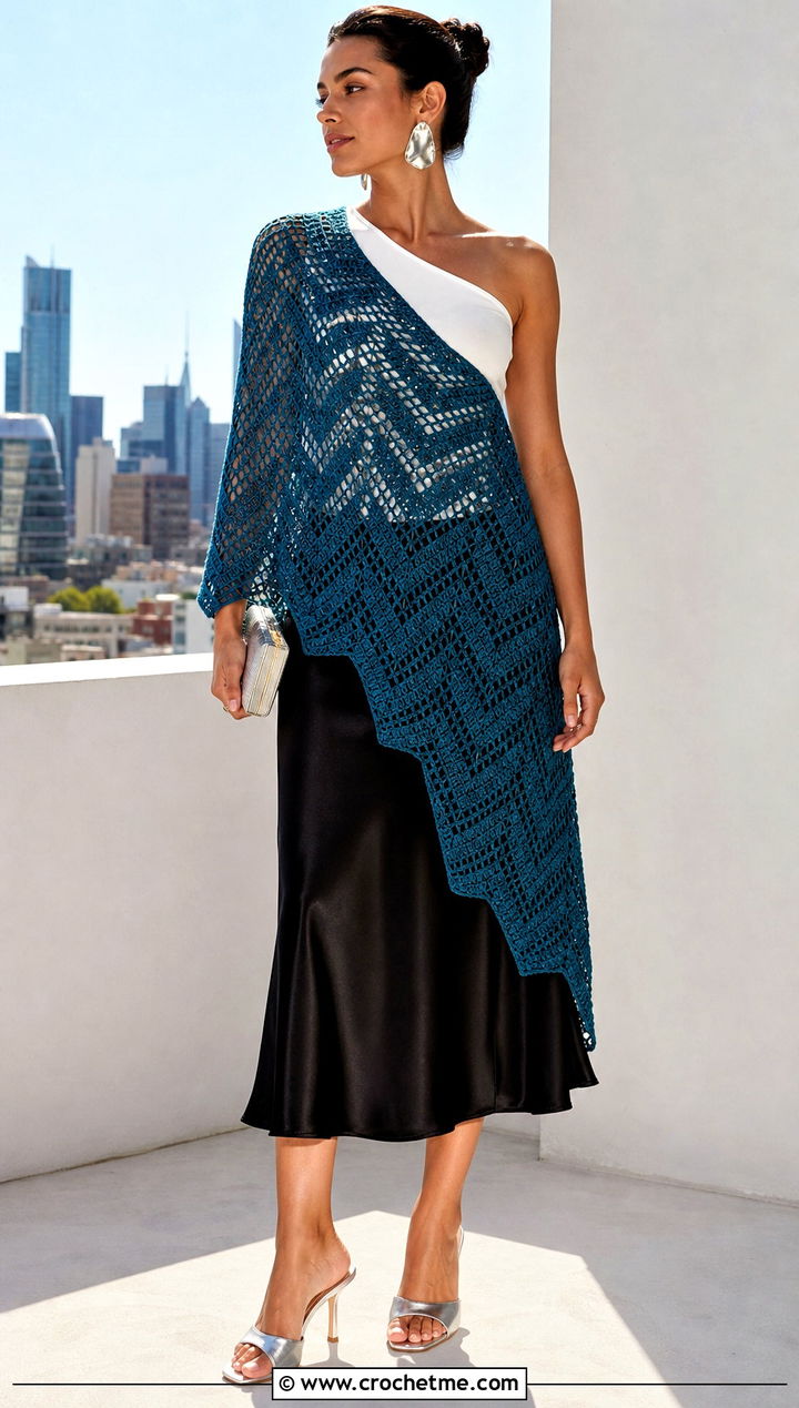 Chevron Triangle Shawl With One Shoulder Top And Satin Skirt - 35 Easy Simple Crochet Triangle Shawl outfit ideas