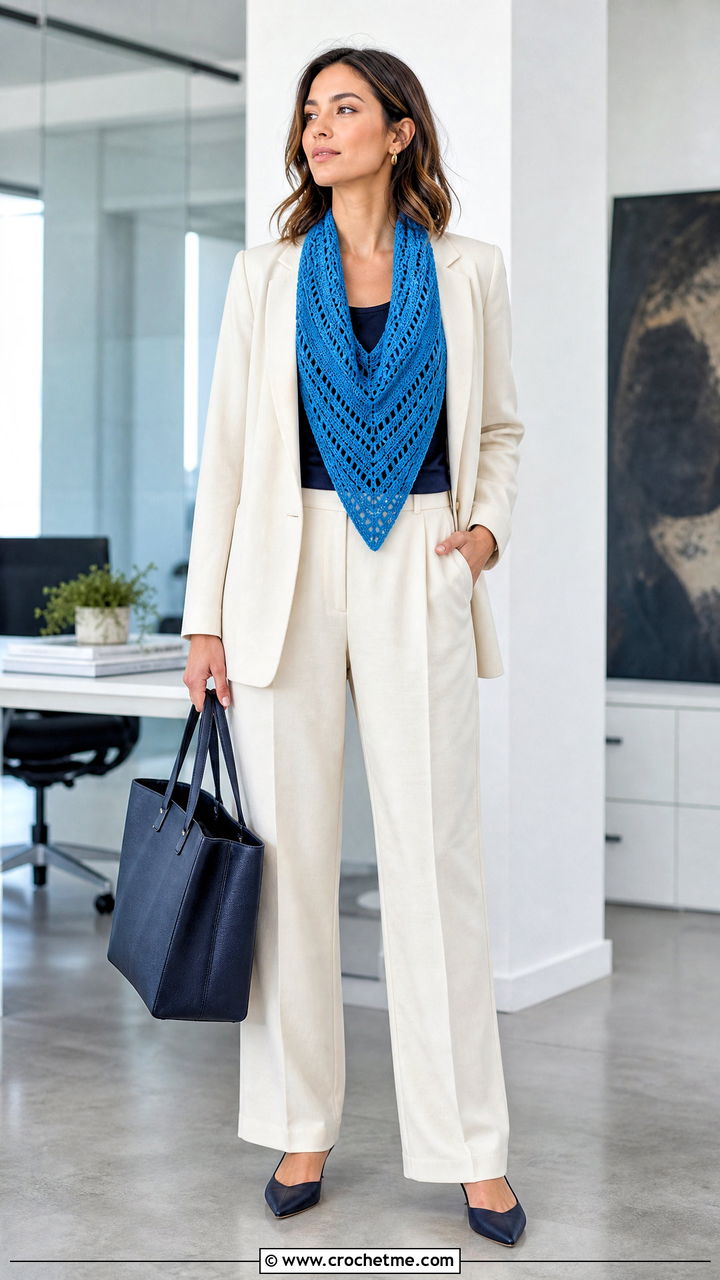 Chevron Triangle Shawl With Pantsuit - 35 crochet triangle shawl outfit ideas