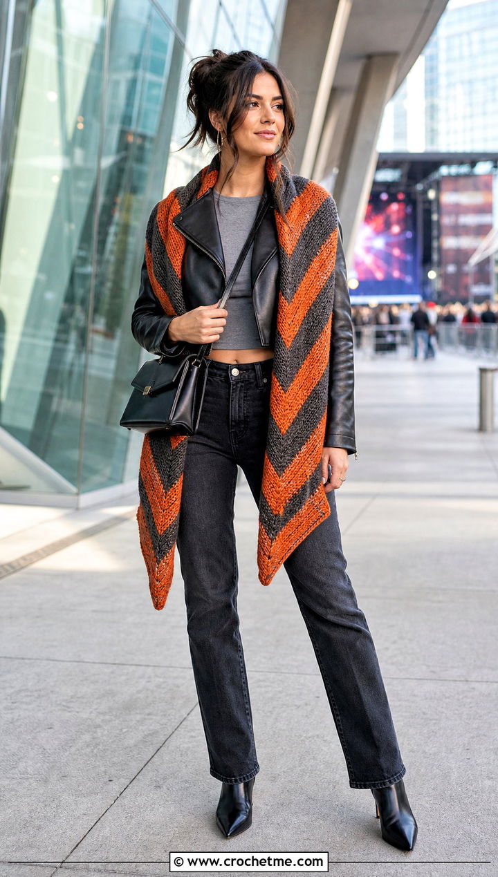 Chevron Tunisian Shawl With Leather Jacket - 35 tunisian crochet shawl outfit ideas