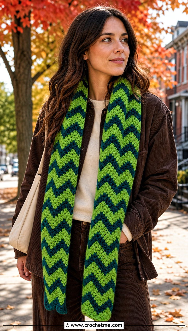 Chevron Two Tone Crochet Scarf With Corduroy Outfit - 25 two tone crochet scarf outfit ideas