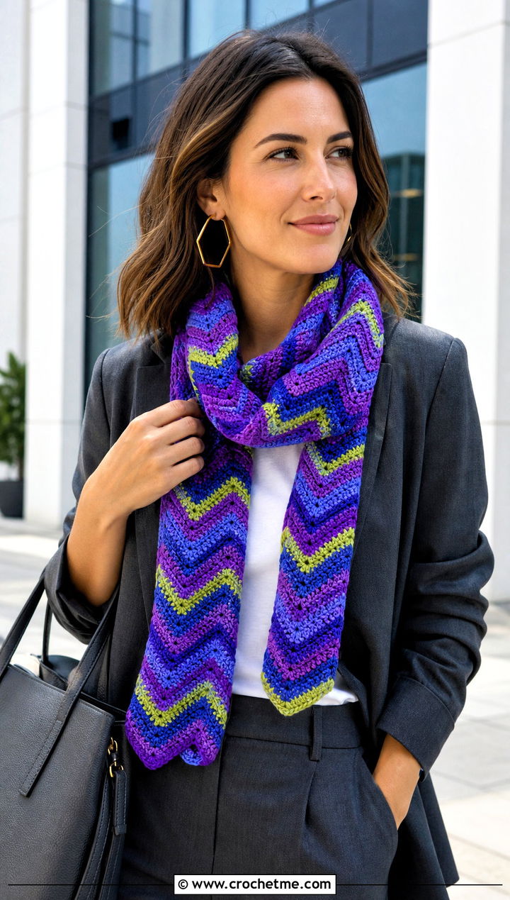 Chevron Variegated Crochet Scarf With Tailored Suit - 25 Variegated Yarn Crochet Scarf outfit ideas