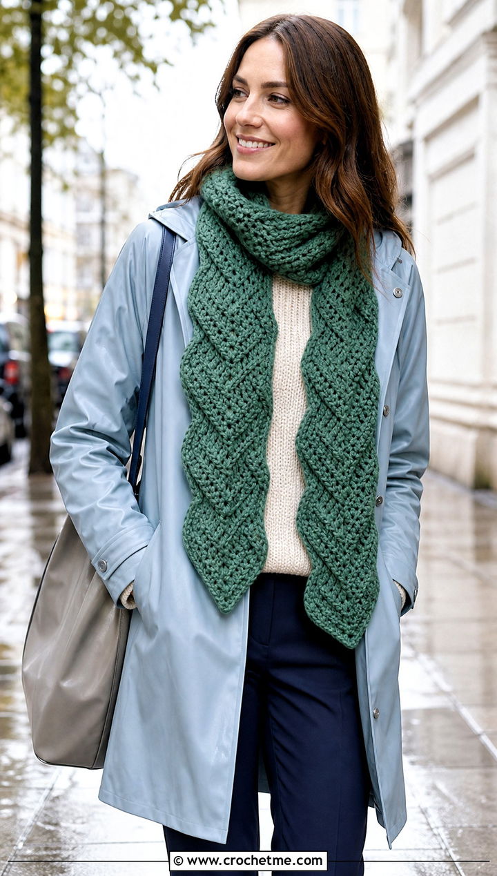 Chevron Waffle Stitch Crochet Scarf With Raincoat - 30 waffle stitch crochet scarf outfit ideas
